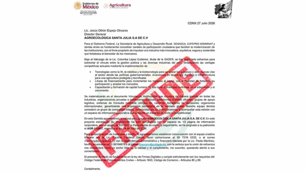 Secretaría de Agricultura alerta por fraude mediante falsos oficios de patrocinio