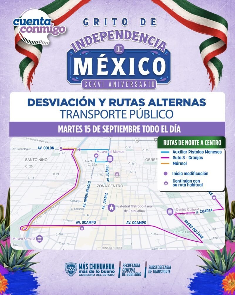 Ajustan de forma temporal el servicio de transporte público en Chihuahua por festividades patrias
