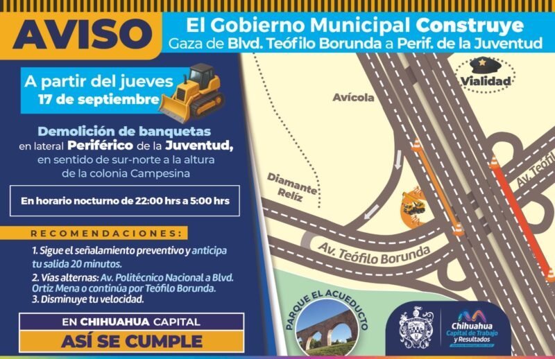 Anuncian cierres nocturnos y ajustes viales temporales en carriles laterales del periférico de la Juventud