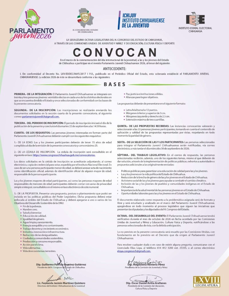 Apertura de registro para el Parlamento Juvenil Chihuahuense 2026 dirigido a las nuevas generaciones