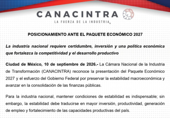Demanda Canacintra que el Paquete Económico 2027 fortalezca la competitividad industrial y la atracción de capitales