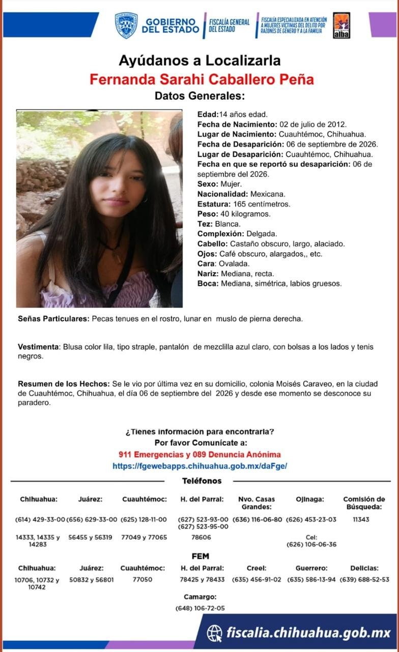 Emiten alerta en Cuauhtémoc para dar con el paradero de la menor Fernanda Sarahi Caballero Peña