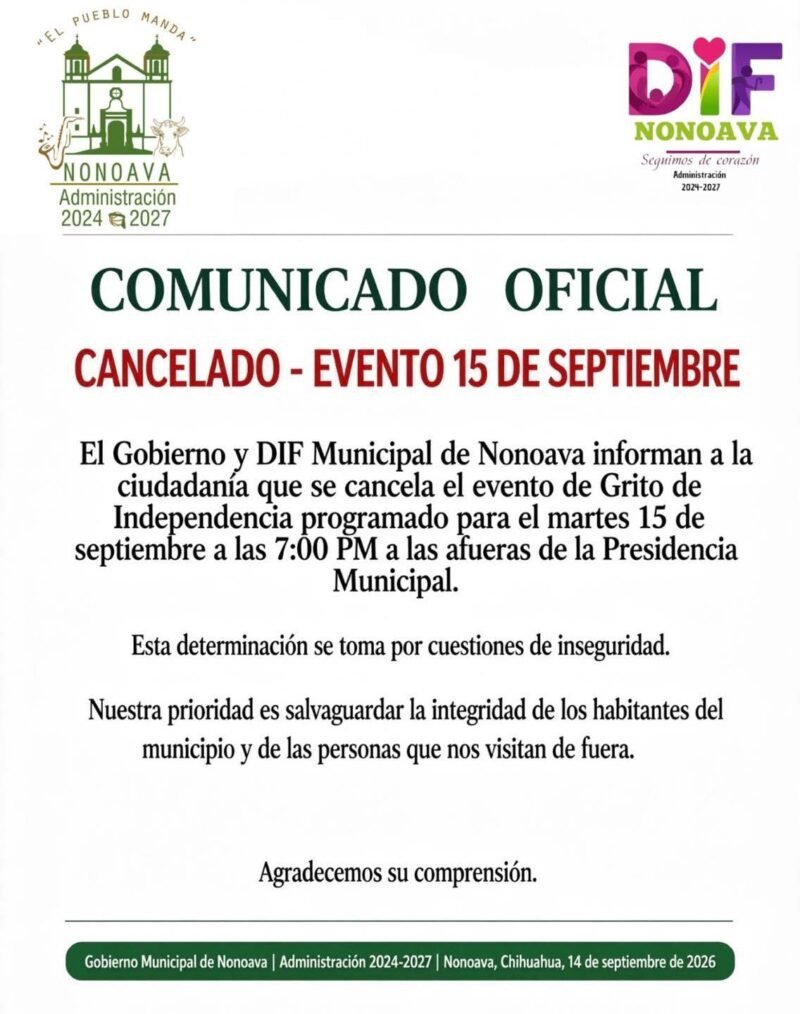 Inseguridad obliga a la cancelación de las fiestas patrias en el municipio de Nonoava