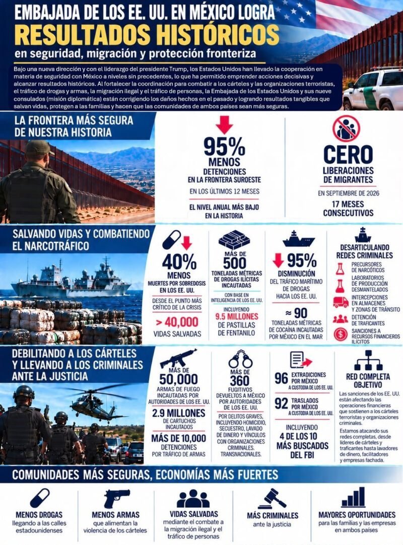 Embajada de Estados Unidos destaca avances históricos en seguridad y control migratorio junto a México