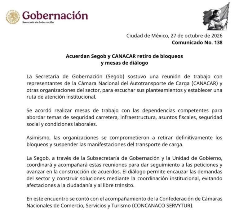 Gobierno federal y transportistas logran acuerdo para desactivar bloqueos carreteros mediante mesas de trabajo