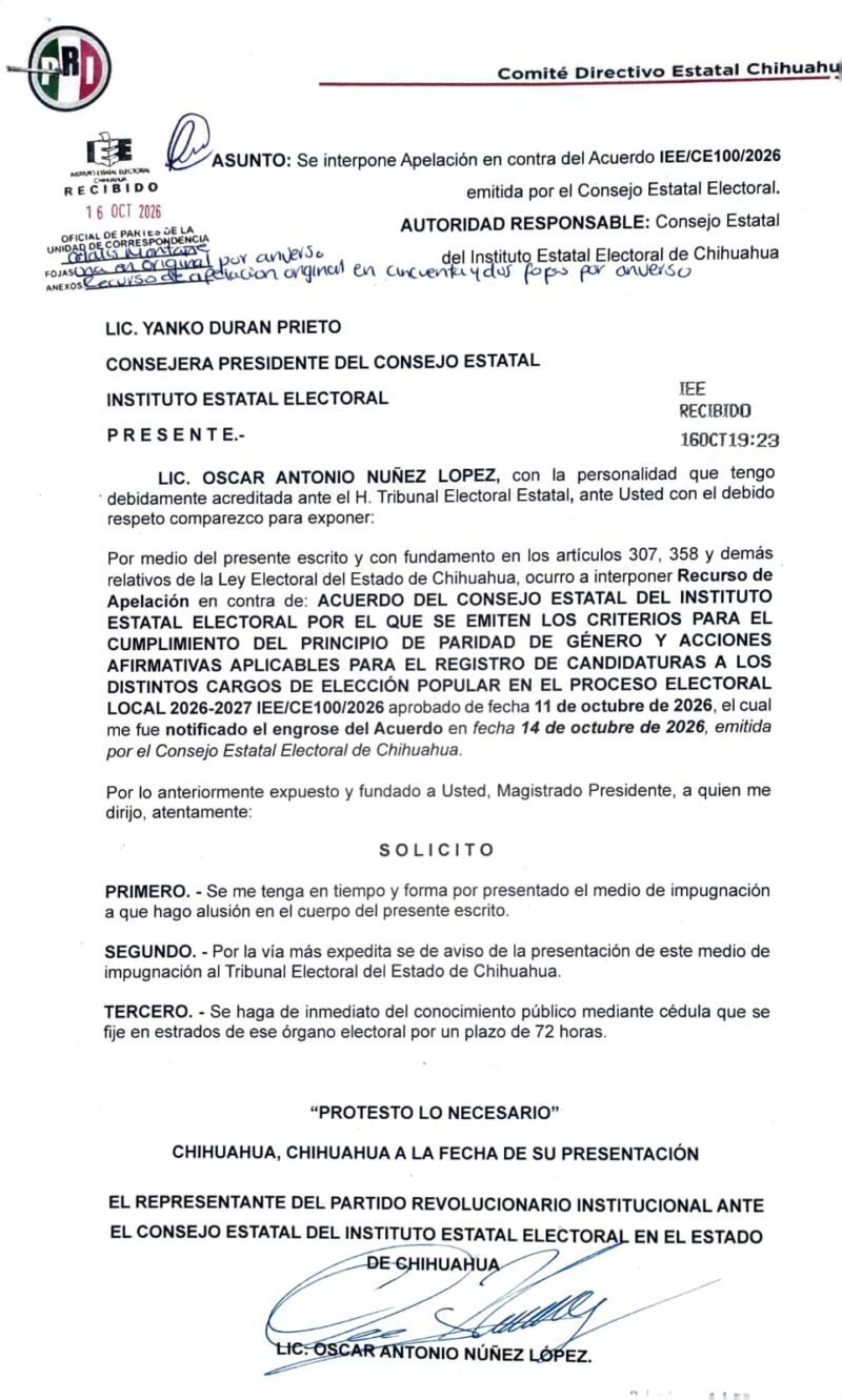 Partido Revolucionario Institucional interpone recurso legal contra determinaciones del organismo electoral en Chihuahua