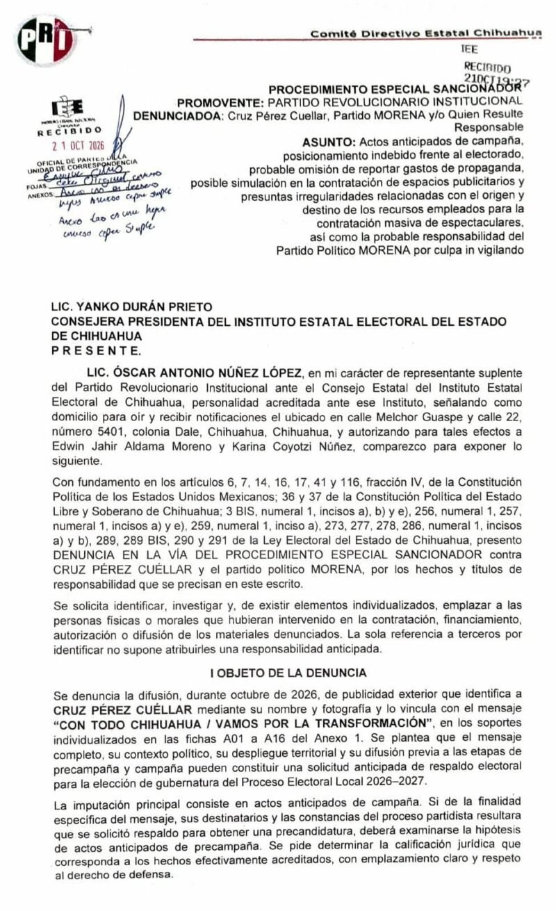 Presenta el PRI Chihuahua recurso legal contra Morena y alcalde fronterizo por proselitismo adelantado