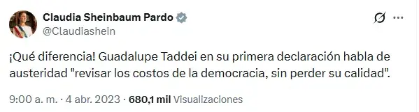 Resurge mensaje de Sheinbaum sobre Taddei en medio de la reciente crisis en el INE